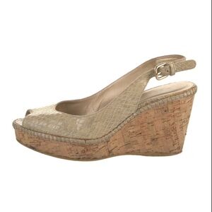 Stuart Weitzman Nude Tan Leather Croc Embossed Espadrille Peep Toe Wedges sz 9